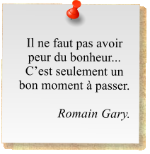 Il ne faut pas avoir peur du bonheur... C’est seulement un bon moment à passer.  Romain Gary.